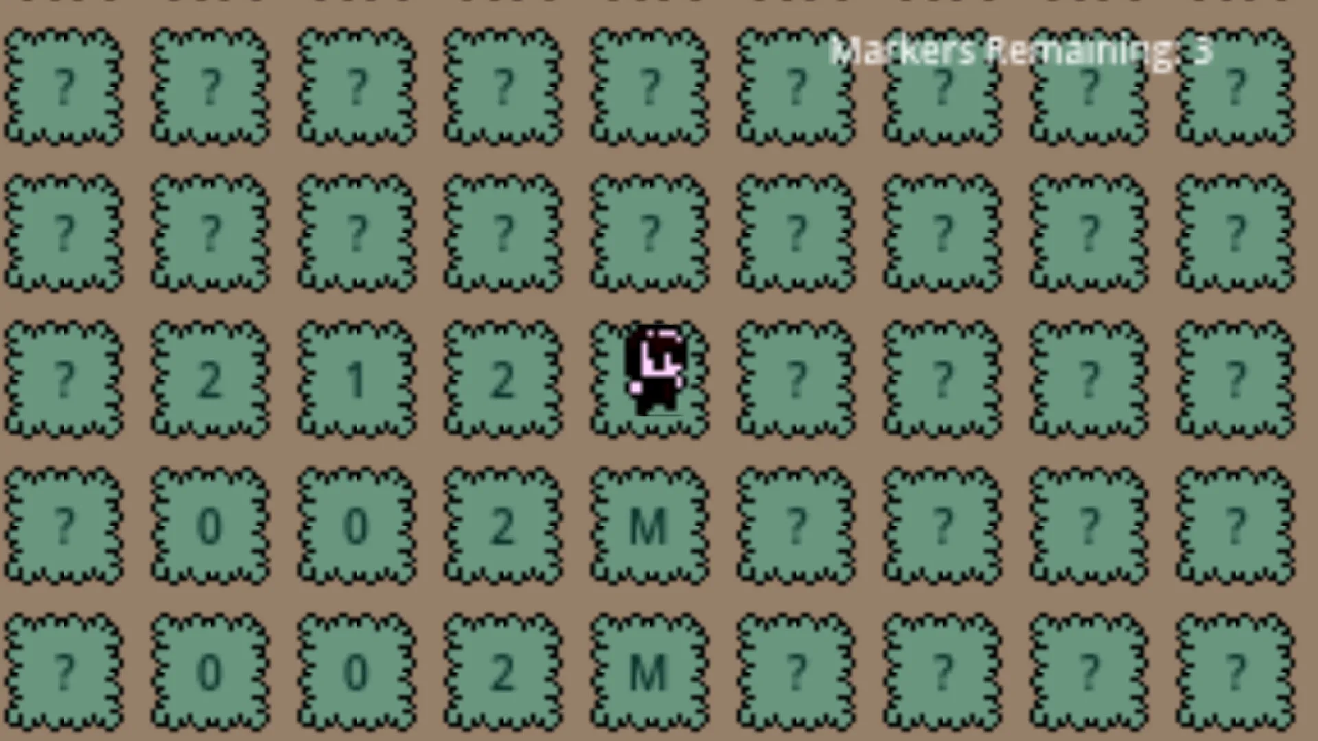 A Bombseeker level: a grid of hand-drawn tiles on parchment, some revealing bomb counts.